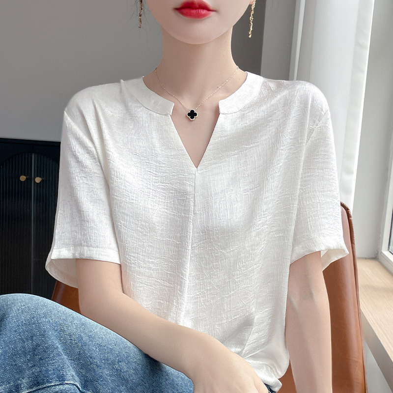 レディース夏高級VネックTシャツお腹カバーシャツアセテートサテン薄手クロスビジネス大きいサイズ半袖トップス|undefined