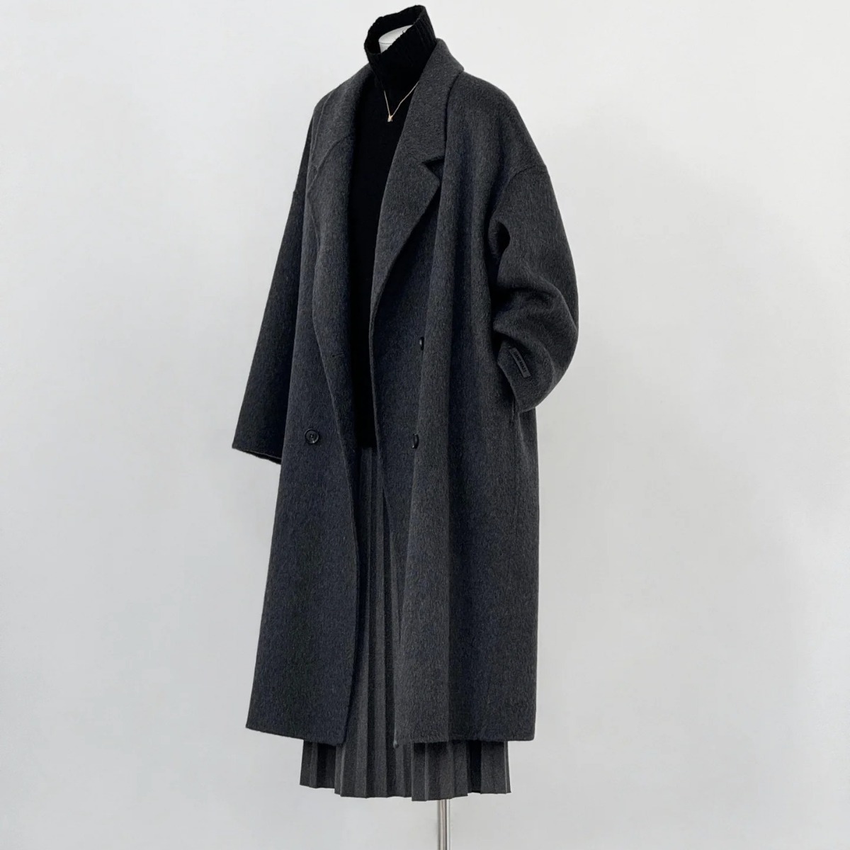 2025 New Autumn and Winter New Large Double-Sided Cashmere Outwear Loose Cocoon-Shaped Dark Gray Gray Long Woolen Outwear