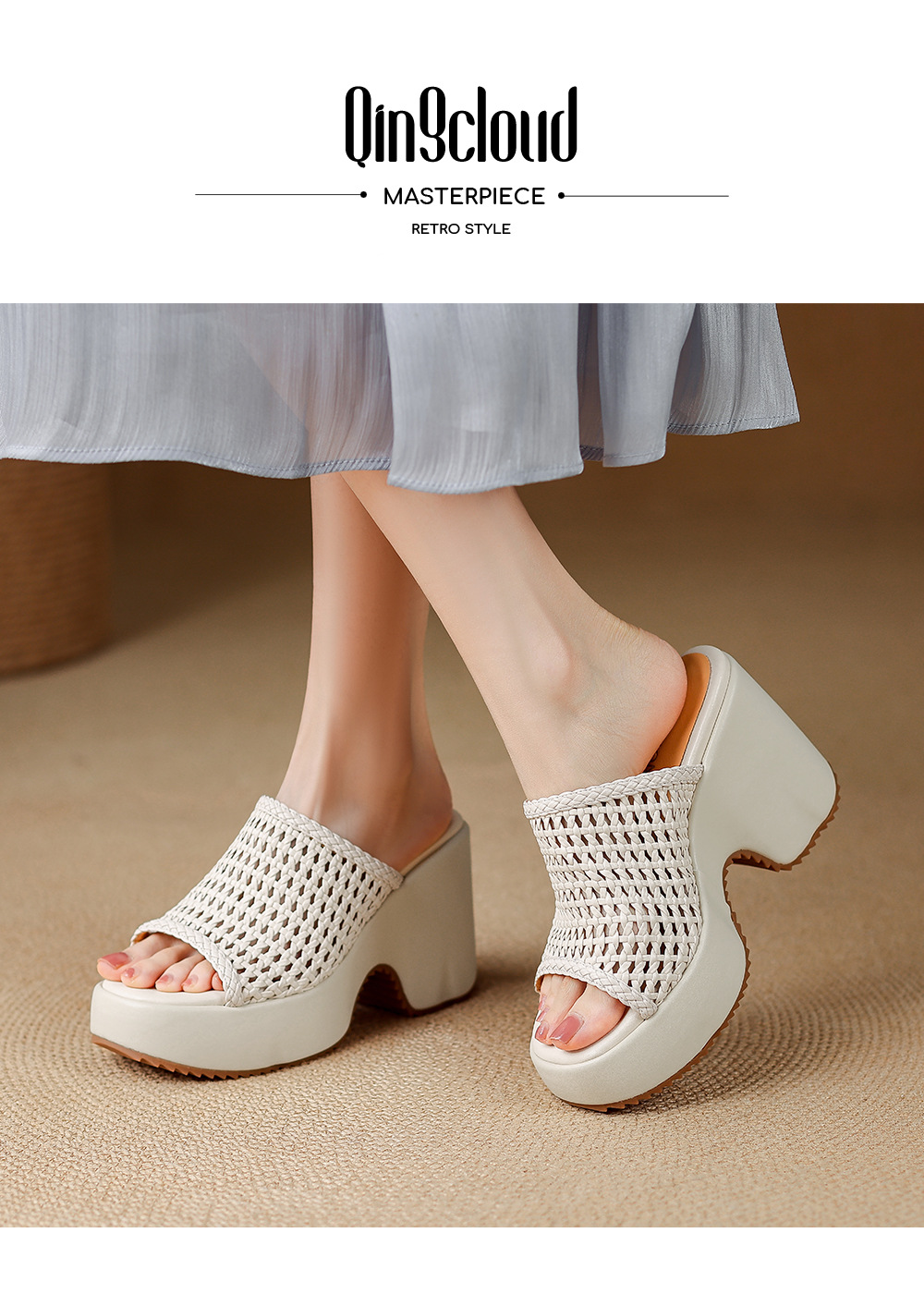 Sandal cao gót nữ hở mũi đế xuồng đan lát phong cách La Mã — màu đen, màu trắng ngà, bạc chi tiết 1