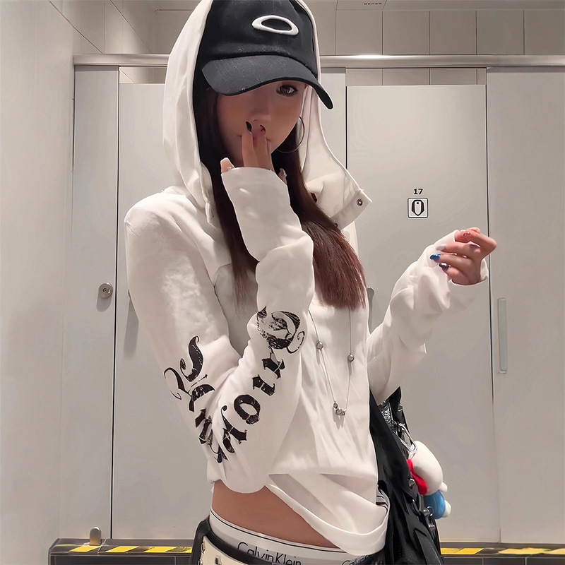 Hooded Long-Sleeved T-Shirt for Women, Spring & Fall Thin Blouse, American Trendy Brand Punk Style Slimming Look Sun Protection Top Hooded Long-Sleeved T-Shirt for Women, Spring & Fall Thin Blouse, American Trendy Brand Punk Style Slimming Look Sun Protection Top