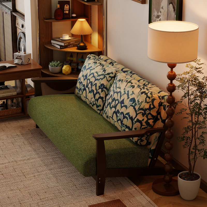 Retro Style Solid Wood Sofa, Double or Three-Seater, Small Apartment Living Room, 2025 New Style, Mid-Century Style Color-Blocked Fabric Sofa