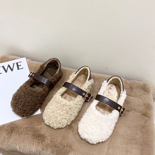Flat Mao Mao Shoes Women's Outwear 2024 New Autumn and Winter All-match fleece-lined Warm Buckle Bean Single Shoes
