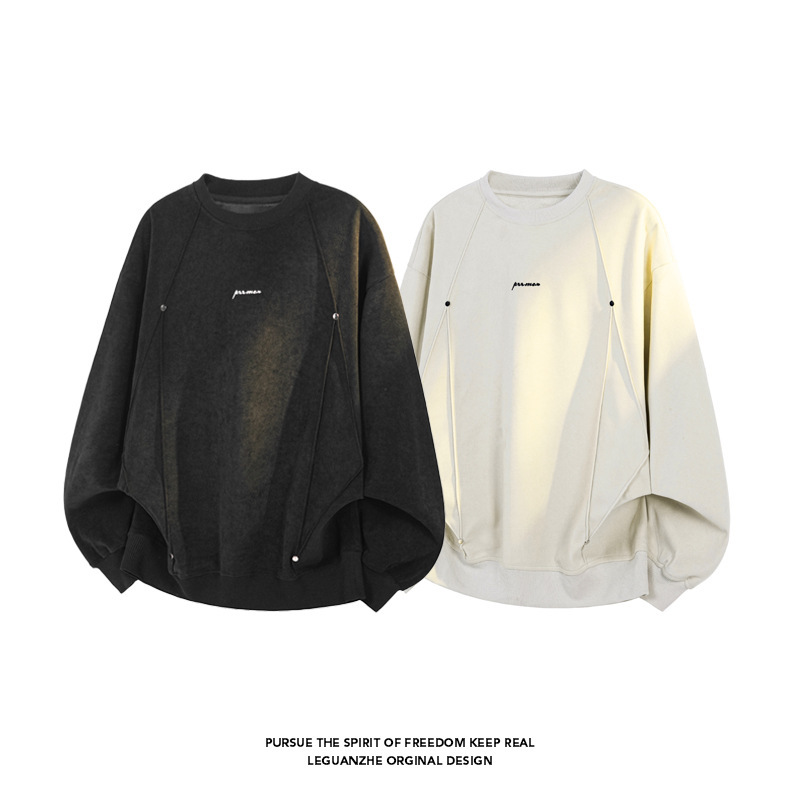 American-Style Crewneck Sweatshirt for Men, Summer Thin Version, Deconstructed Patchwork with Rivets, Trendy Brand, Loose Casual Versatile Split Top American-Style Crewneck Sweatshirt for Men, Summer Thin Version, Deconstructed Patchwork with Rivets, Trendy Brand, Loose Casual Versatile Split Top