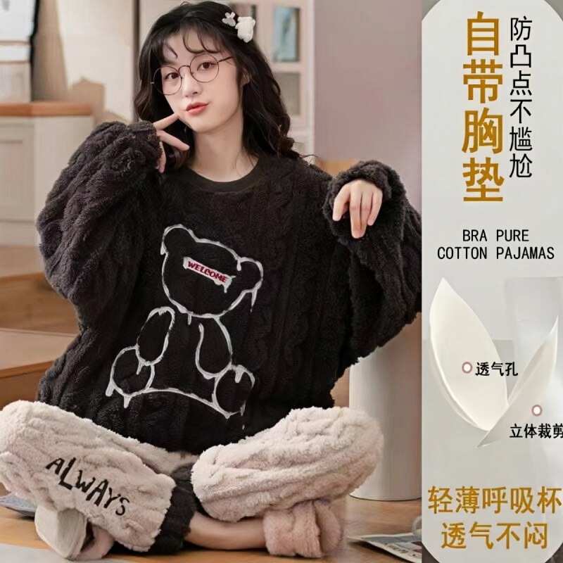 Winter Coral Velvet Pajamas with Breast Pads for Women, Long-Sleeved Cartoon Fleece-Lined for Girls, Korean Style Cute Dormitory Flannel Home Winter Coral Velvet Pajamas with Breast Pads for Women, Long-Sleeved Cartoon Fleece-Lined for Girls, Korean Style Cute Dormitory Flannel Home