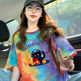 猫咪印花扎染短袖t恤女2026新款夏季美式小众设计感圆领宽松上衣