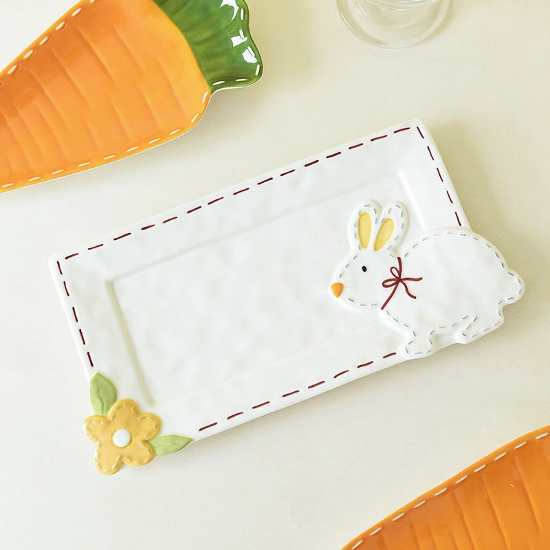 Lindo conejo largo plato creativo flor luz alivio occidental plato pan postre filete sushi placa cuadrada placa plana