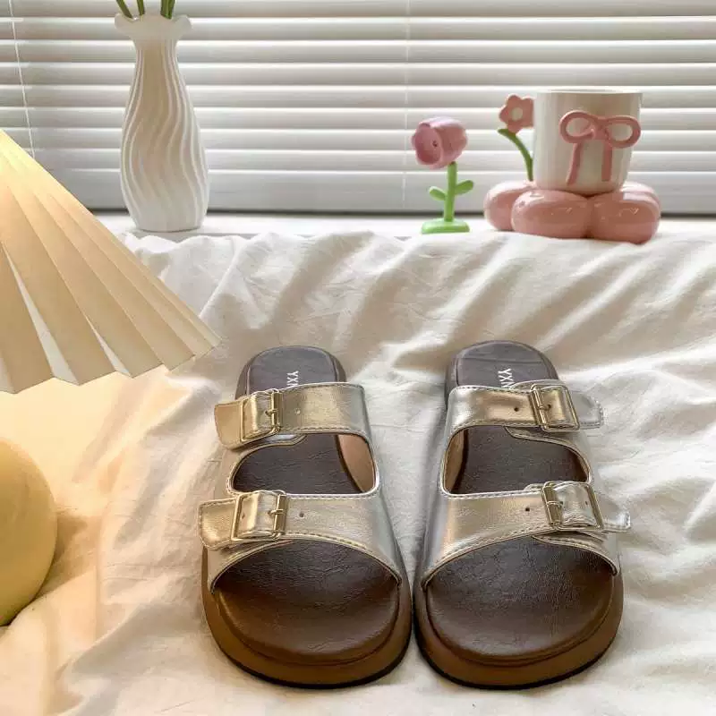 Сандалии Birkenstock женские 2025, толстая подошва, однотонная полоска, серебристые и другие цвета
