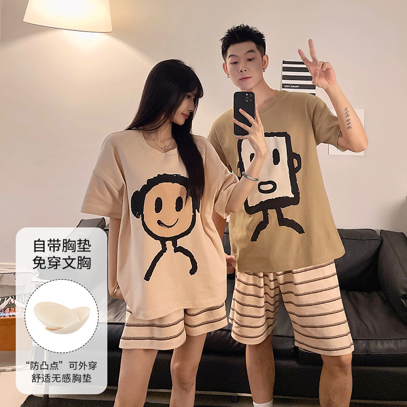 Couple Pajamas 2025 New Summer Style with Chest Pads That Can Be Worn Outside, One Man and One Woman Can Wear Korean Style Cute Home Clothes Couple Pajamas 2025 New Summer Style with Chest Pads That Can Be Worn Outside, One Man and One Woman Can Wear Korean Style Cute Home Clothes