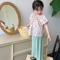 韓國童裝2024夏季女童薄款套裝韓版女寶寶碎花上衣休閒褲兩件套潮