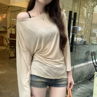 针织衫女夏薄款一字领莱赛尔上衣女夏装慵懒风绑带长袖冰丝针织衫