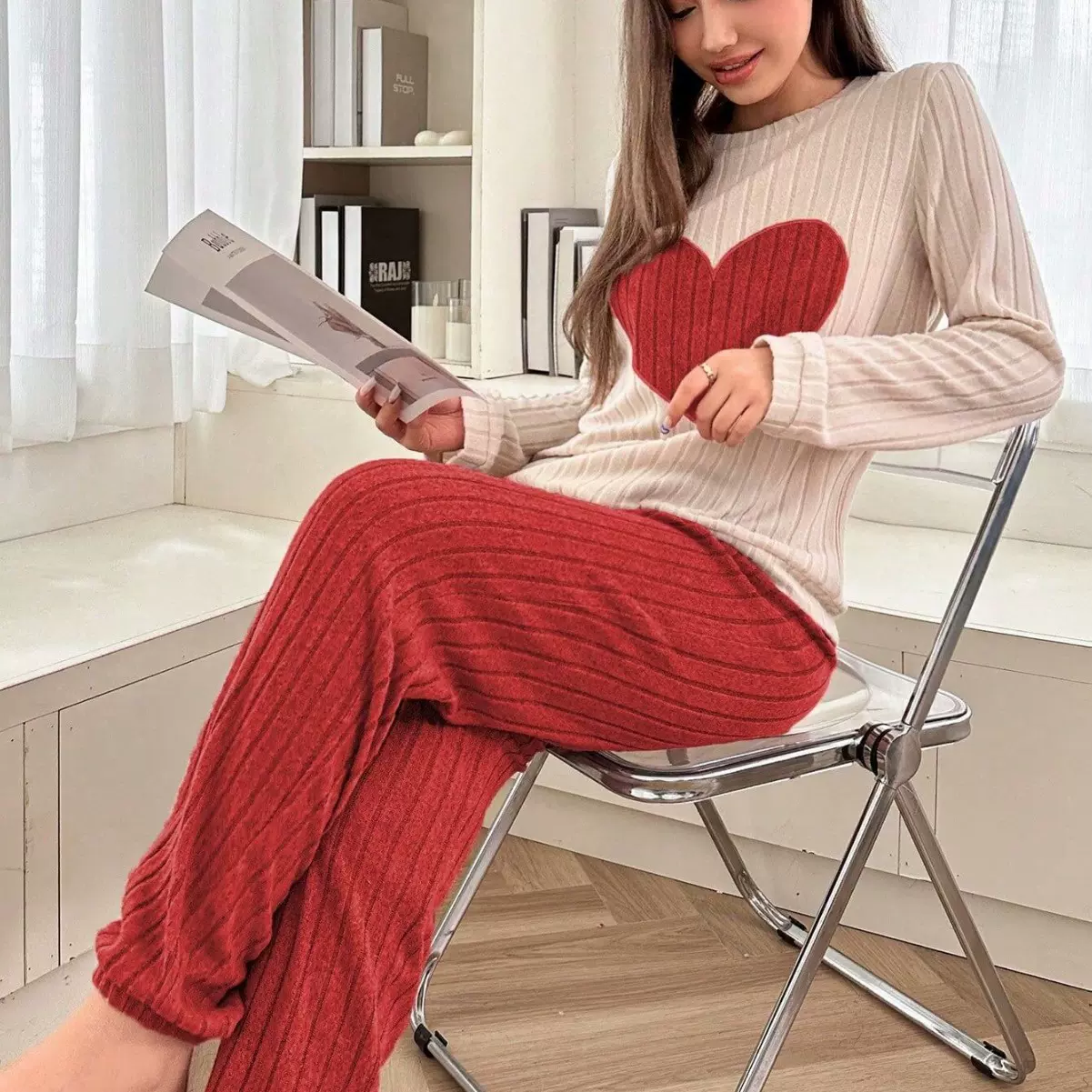 跨境爱心图案拼色睡衣女套装春秋新款软绵绵长袖长裤家居服两件套