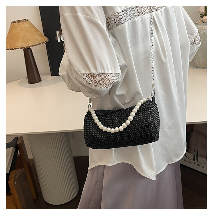 Borsa a tracolla Boston a mano con catena occidentale alla moda, nuova primavera/estate, con diamante lucido e perla sotto le ascelle_voghion.com