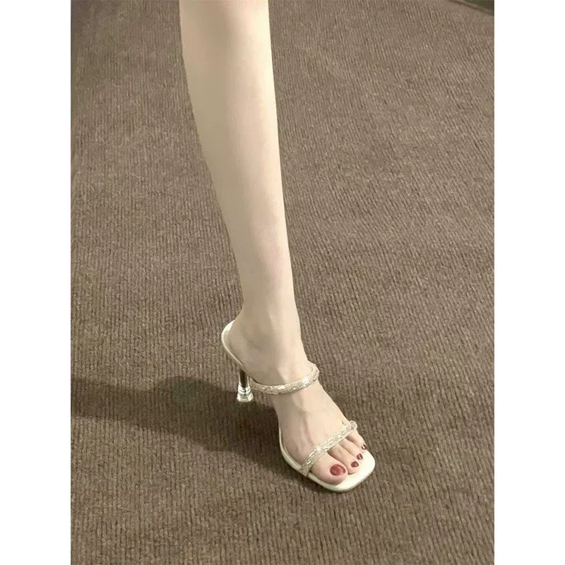 Стразы на высоких каблуках фея ветер тапочки 2024 лето новый каблук прозрачный