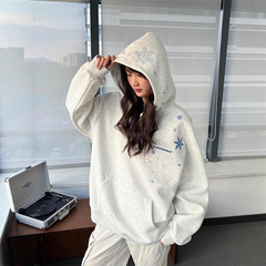 国潮牌美式白灰色刺绣纯棉卫衣女秋季薄款宽松连帽小众高街外套女