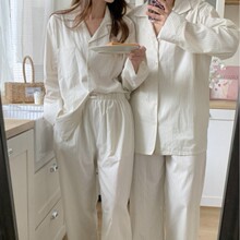 韩国ins女士春秋情侣新品2色简约韩系条纹少女家居服睡衣套装长袖