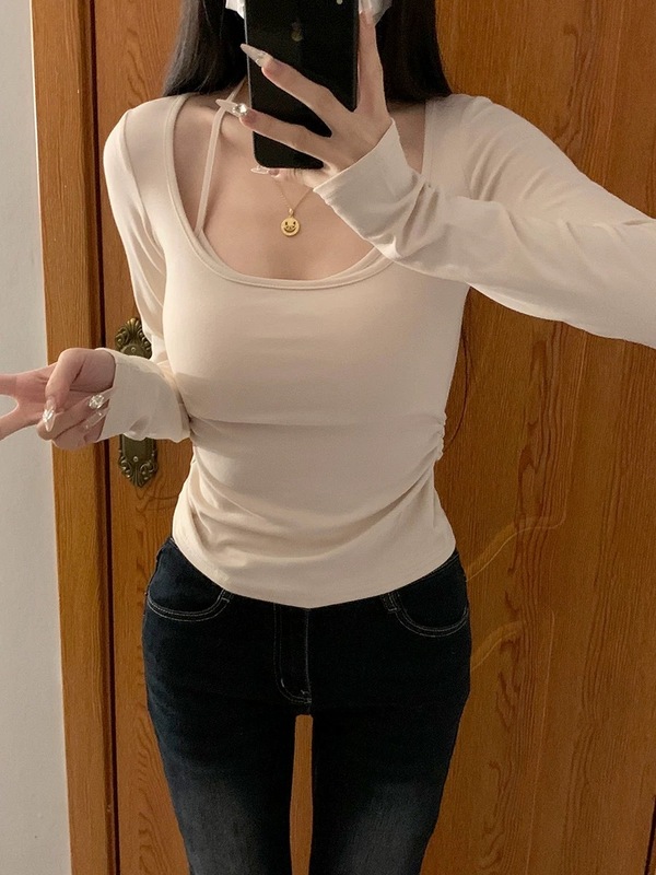 秋冬女装新款磨毛保暖辣妹修身挂脖假两件打底衫浅蓝长袖T恤上衣|undefined