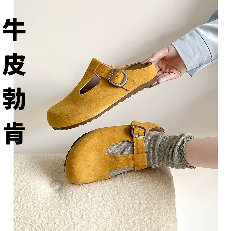 Genuine Leather Height-Increasing Retro Buckle Strap Mary Jane Birkenstock Slippers for Women 2025 New Versatile Closed-Toe Half Slippers