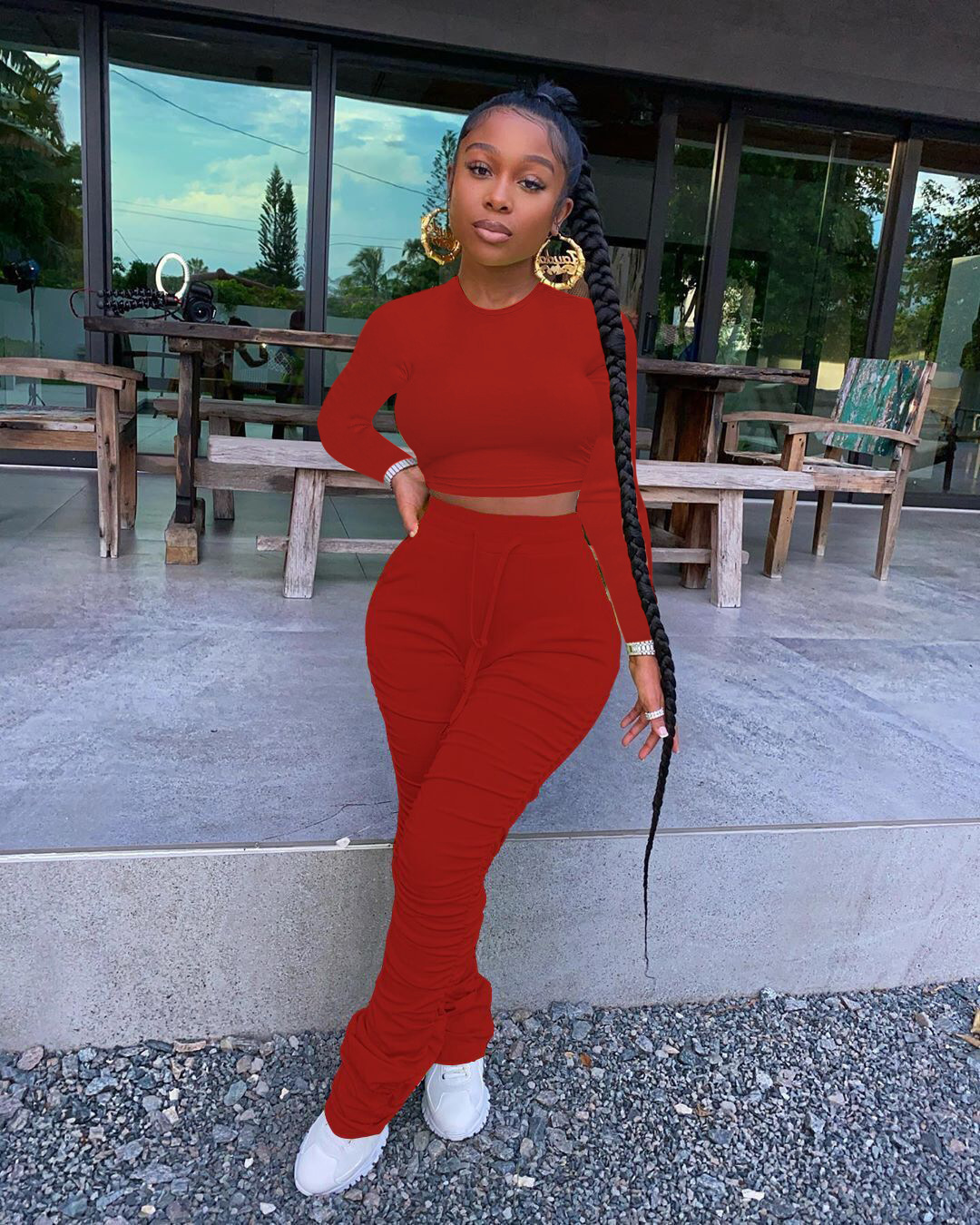 Amazon transfronterizo Comercio exterior nueva ropa de mujer europeo y americano nuevo cuello redondo manga larga Top Slim pantalones conjunto de dos piezas de color sólido image 3