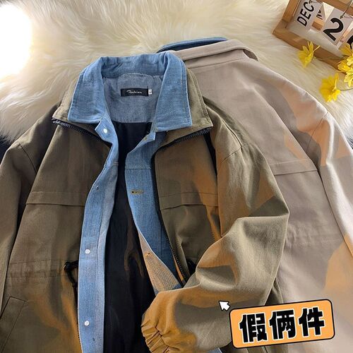 Men's faux double-breasted denim jacket, early spring and autumn, niche design sense, American workwear, casual top clothing