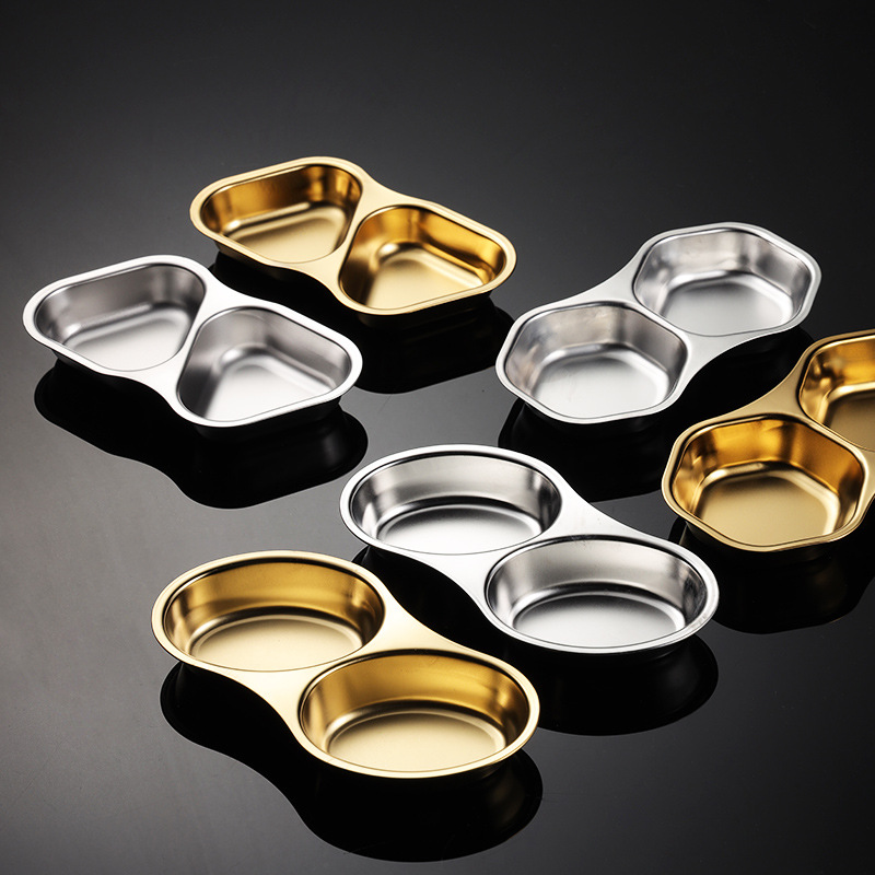 Aion 304 stainless steel two-flavor conjoined sauce plate restaurant multi-shaped seasoning plate titanium gold-plated Korean rice