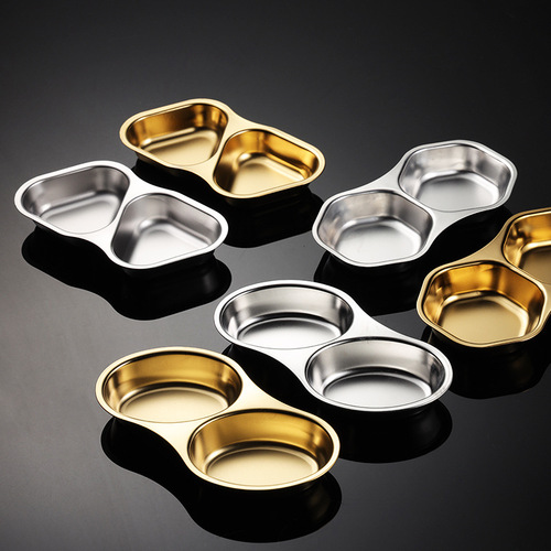 Aion 304 stainless steel two-flavor conjoined sauce plate restaurant multi-shaped seasoning plate titanium gold-plated Korean rice