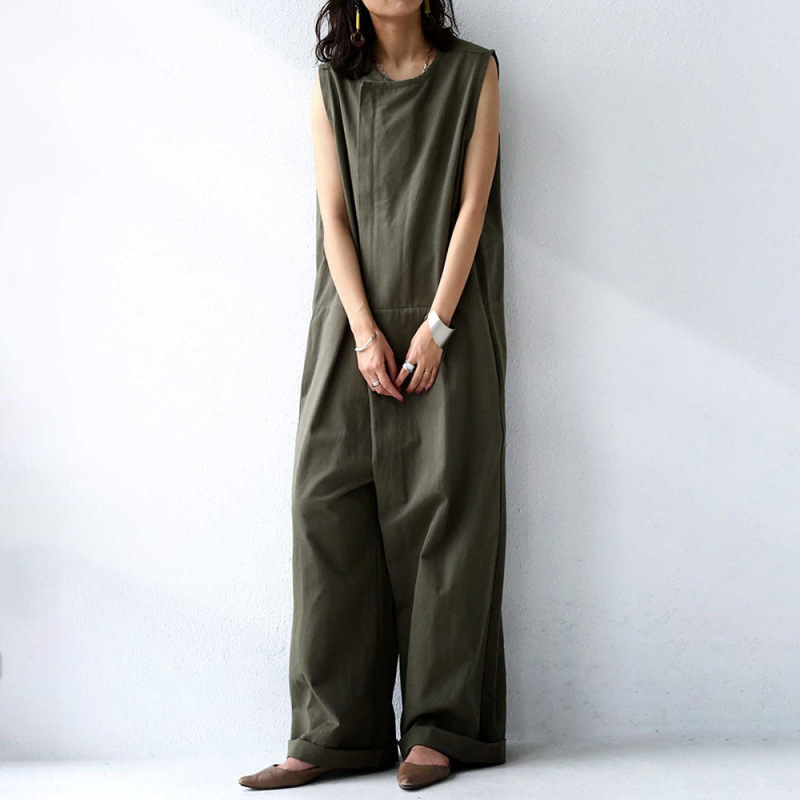 Japanese and Korean Ins Women's Clothing Japanese Style Slacks Elegant Lazy Style Overalls Pure Color Sleeveless One-Piece Wide-Leg Pants Jumpsuit