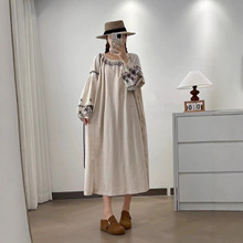 复古文艺刺绣棉麻连衣裙秋季新款宽松百搭收腰系带民族风中长裙子