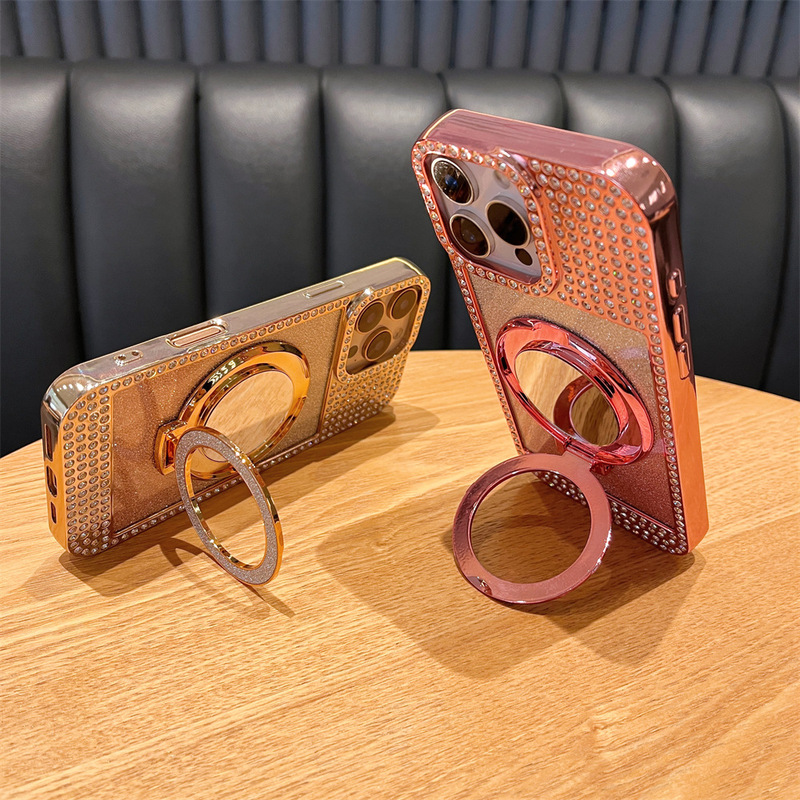 ダイヤモンド付きフォトフレームシェル、グラデーショングリッターペーパー+ミラー付きスタンド、iPhone16promax、Apple17対応スマホケース|undefined