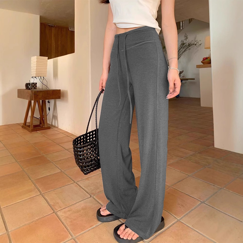 Grey Modal Knitted Straight Leg Pants Women's Summer Thin Small Casual Pants Narrow Edition Wide Leg Trousers
