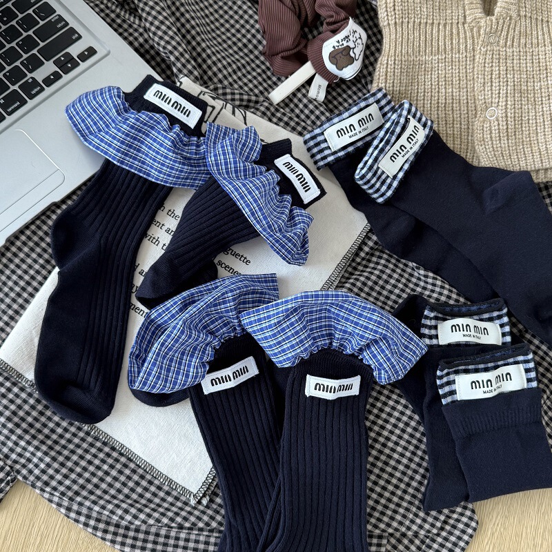 Niche Spring and Autumn Plaid Stitching Miu Style Letter Stitching Navy Blue Mid-length Stockings Children's Internet Celebrated Wood-ear Stocking