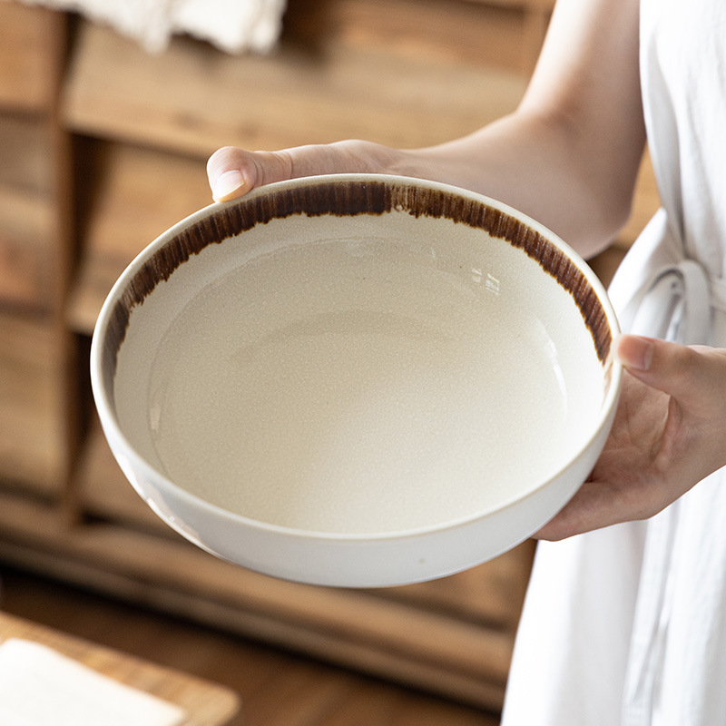 Cerámica de borde marrón gran tazón cubiertos caseros tazón de sopa tazón de verduras tazón de mezcla de fideos tazón de salada tazón de cocina tazón redondo al por mayor