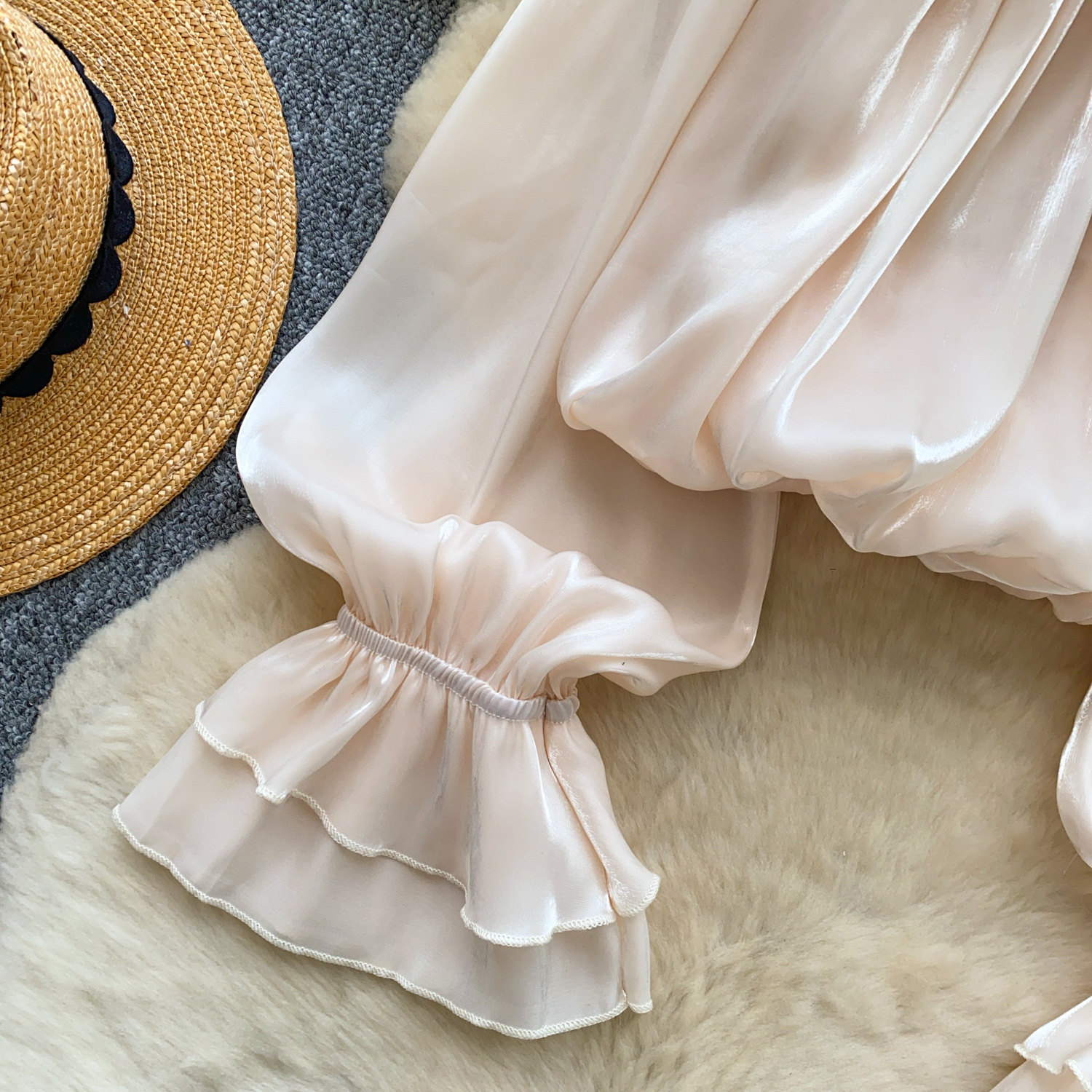 Sweet Off-Shoulder Chiffon Blouse Ruffled Trim Korean Style Long Sleeves Loose Fit Slimming Pink Elegant Top for Summer Women's Clothing_ecoleips.com