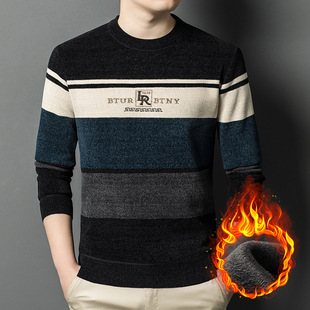 Winter New Chenille Sweater Men's Crewneck fleece-lined Thickened Top Middle-aged Men's Warm Knitted Base Shirt