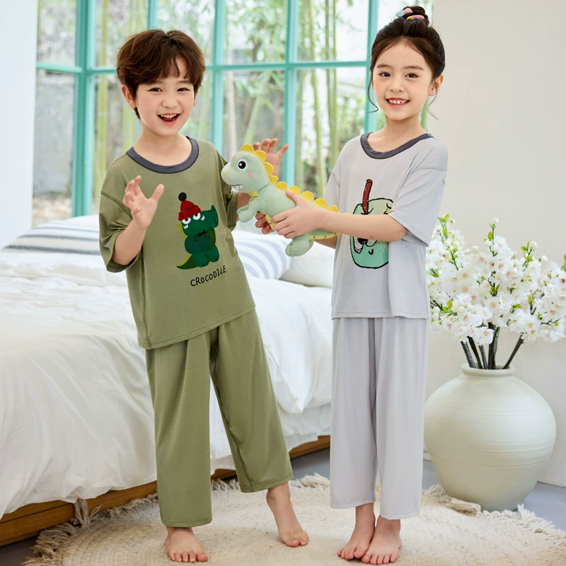Children's summer pijama, trousers, body-friendly underwear for men and women, set, for teenagers, with short sleeve