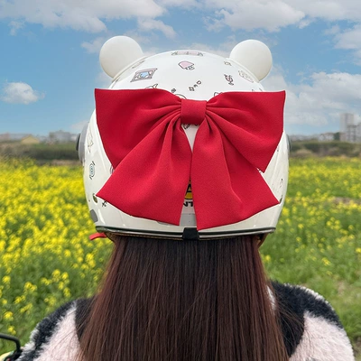 Motosiklet dəbilqələri Helmet Top Decoration Cat - draped-red-bow-flat-adhesive-velcro-about-21cm