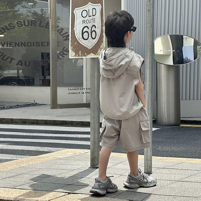 Han Fan Children's Wear Boy's Fashionable Western Style Grey Work Dress suit Handsome Boy's Children's Summer Dress Fashionable Cool Two-piece Set
