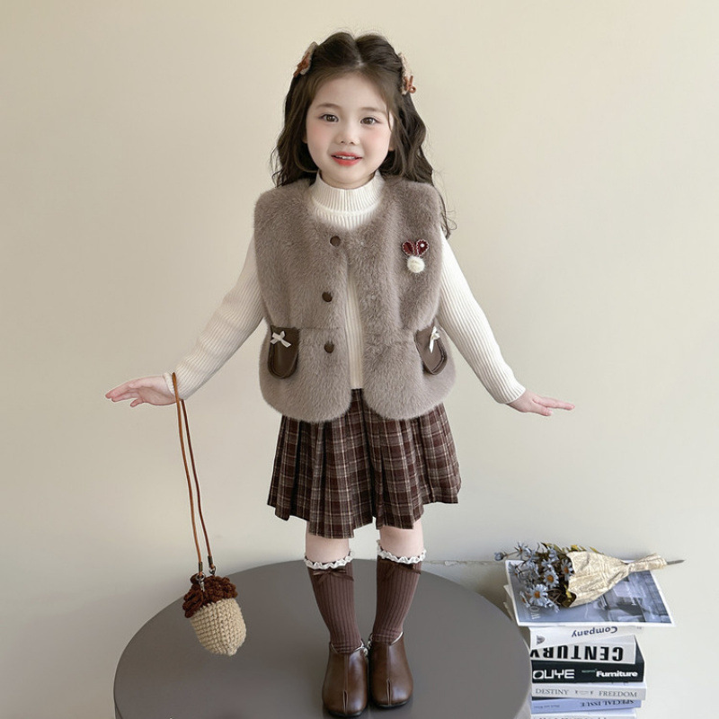 女童秋装套装2025新款儿童秋冬款裙子皮马甲三件套宝宝时髦衣服|undefined