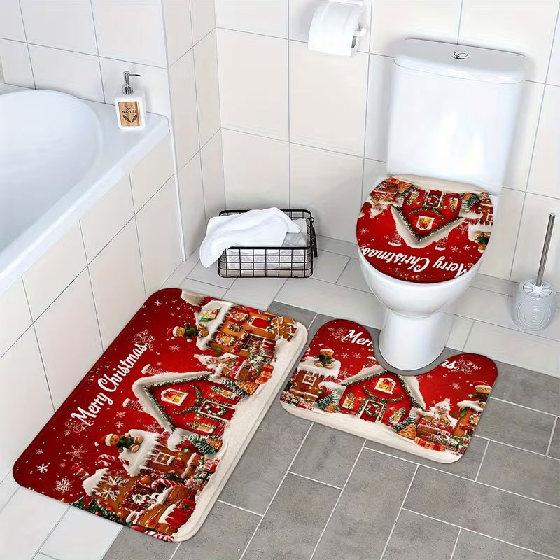Cross-border diatomite toilet seat cover and floor mat 3-piece set, water-absorbent, dirt-resistant, non-slip floor mat, Christmas holiday floor mat