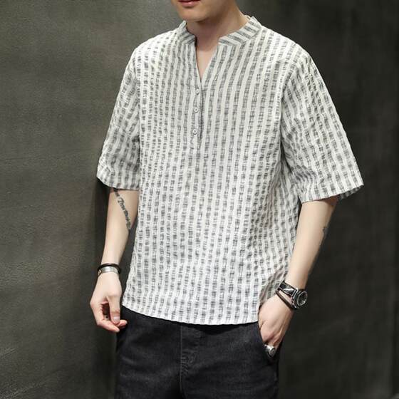 Striped Short-sleeved Men's Chinese-style Linen T-shirt Men's Summer plus size 150.00kg Cotton and Linen Half-sleeved Loose Ice Silk T-shirt Top