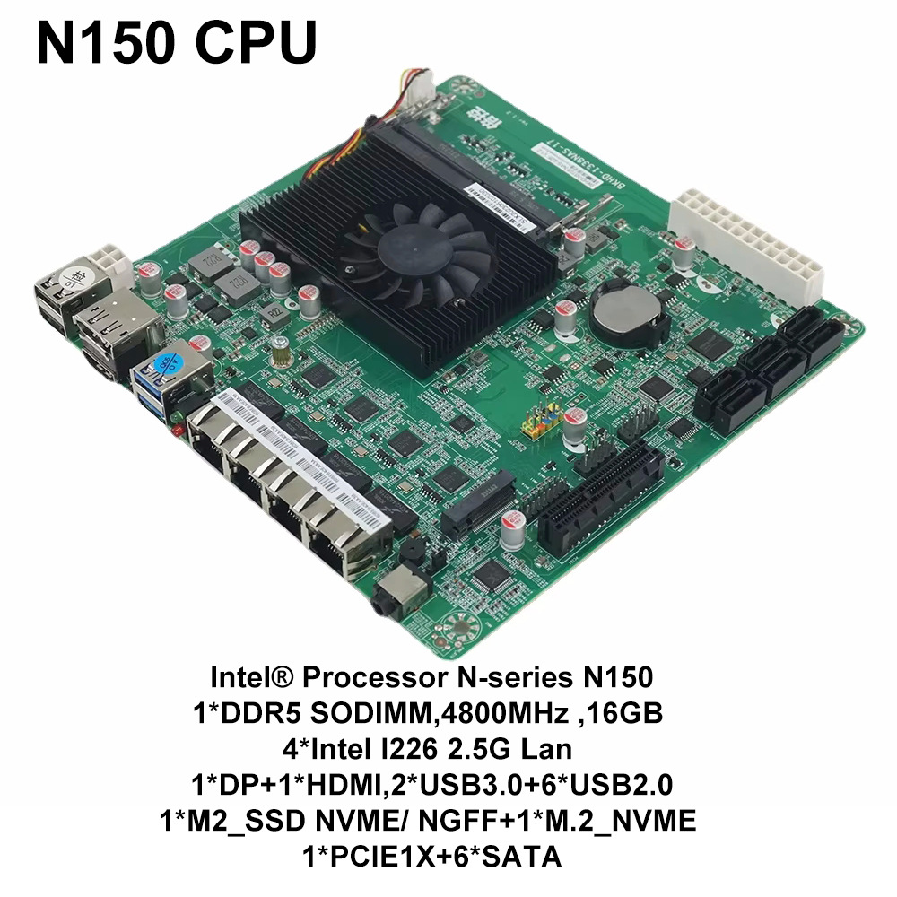 N150 NAS Industrial Motherboard Home 4 Core 4 Thread Processor 4x2.5G Network M.2 6xSATA