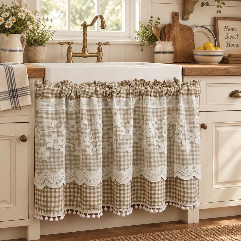 Cross-border supply: American country-style plaid lace cabinet curtains, kitchen sink privacy curtains, embroidered lace with tassels, half-length curtains Cross-border supply: American country-style plaid lace cabinet curtains, kitchen sink privacy curtains, embroidered lace with tassels, half-length curtains