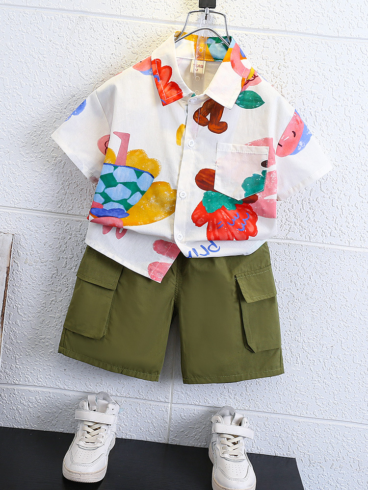 7152 Traje de verano para niños 2025 Nueva camisa coreana para niños de estilo occidental Pantalones cortos de manga corta de verano Traje de dos piezas