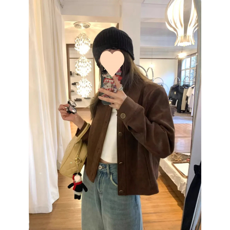 咖色鹿皮绒外套女短款2025春秋款韩系宽松休闲复古小个子夹克上衣|undefined