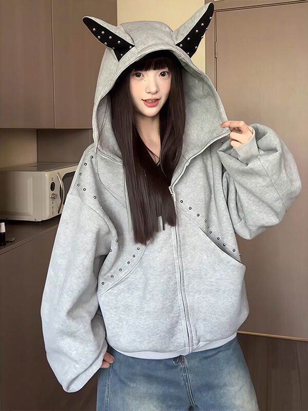柳钉杜宾犬角连帽帽杉卫衣男女秋冬设计感情宽松情侣拉链外套男|undefined