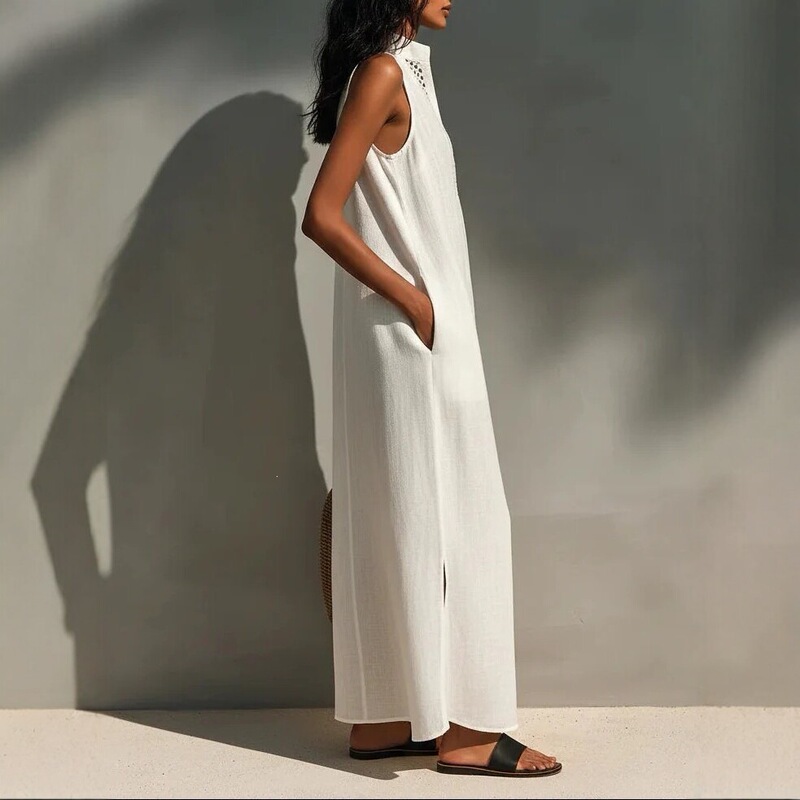 2026 European and American Cross-Border Independent Website Summer White Sleeveless Hollow-Out V-Neck Long Dress Vacation Style Loose Dress 2026 European and American Cross-Border Independent Website Summer White Sleeveless Hollow-Out V-Neck Long Dress Vacation Style Loose Dress