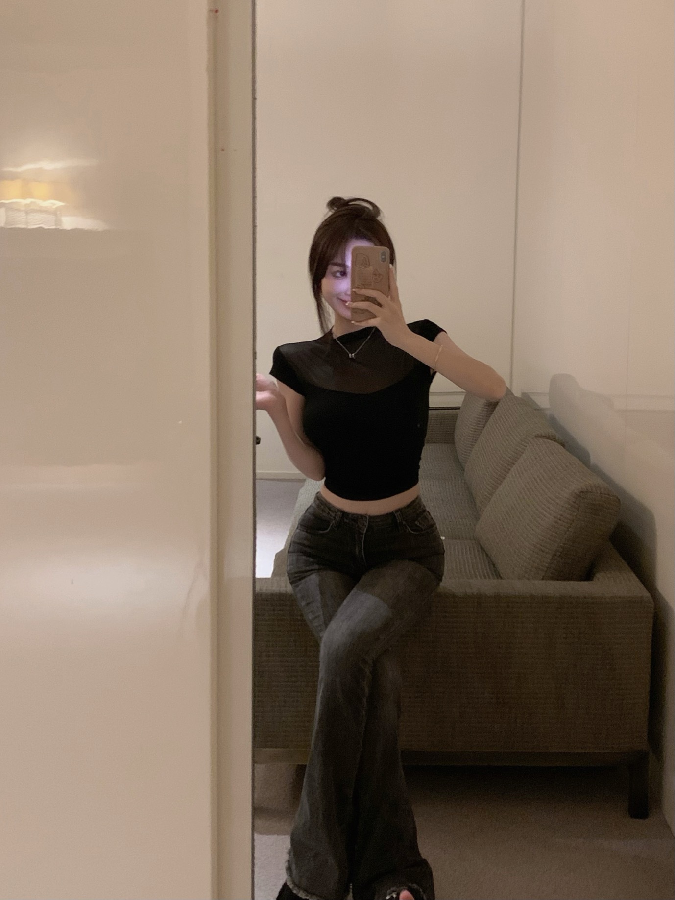 官网# 【260克人棉】纱网性感辣妹纯欲风上衣（黑标4.6分天猫质量