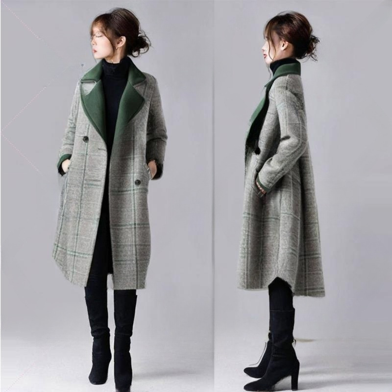 In-Stock Japanese Style 2026 Niche Personality Green Plaid Lapel Mid-Length Coat for Women
