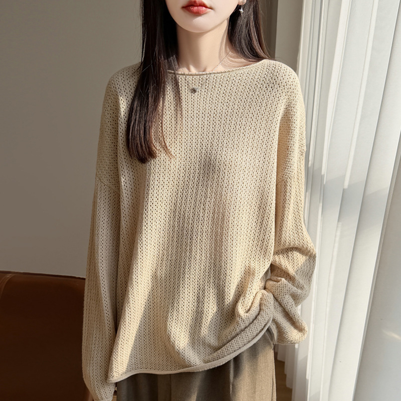 Women's Rolled-Edge Off-Shoulder Knit Sweater, New Spring Style, Loose Oversized Sweater, Solid Color Hollow-Out Design Pullover