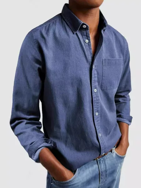 2024 cross-border Amazon foreign trade Europe and the United States men's new lapel solid color shirt men's retro long sleeve shirt