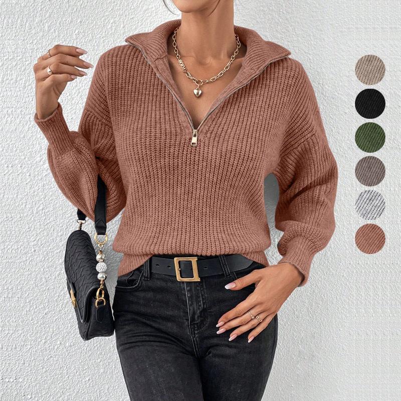 Europa y los Estados Unidos transfronterizos con cremallera suéter de comercio exterior moda de color sólido suéter de manga larga con cremallera de cuello de polo casual suéter mujer
